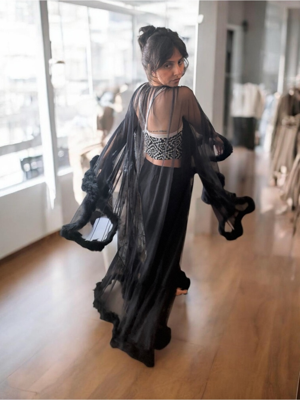 Roma Sheer Black Marabou-Trim Long Robe with Satin Tie - Picture 8 of 8